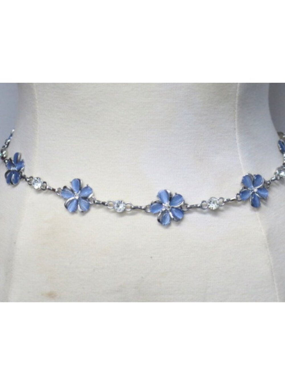 Blue Floral Rhinestone Silver Tone Chain Waist Belt Adjustable NWT